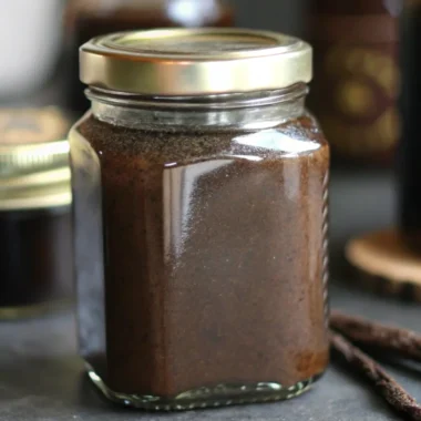 Homemade vanilla bean paste in a glass jar with fresh vanilla pods on a wooden table