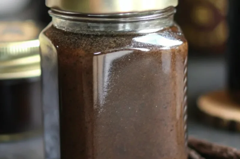 Homemade vanilla bean paste in a glass jar with fresh vanilla pods on a wooden table
