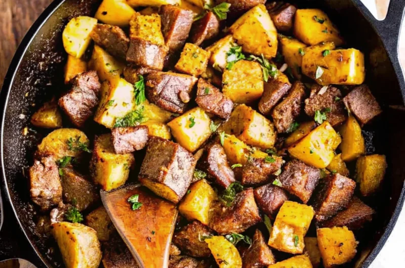 Steak and potatoes recipe with crispy roasted potatoes and a perfectly seared ribeye steak