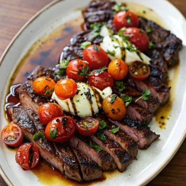 Juicy sliced flank steak topped with fresh cherry tomatoes, mozzarella, and basil, drizzled with balsamic glaze served on a wooden board.