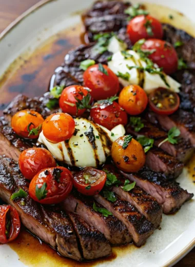 Juicy sliced flank steak topped with fresh cherry tomatoes, mozzarella, and basil, drizzled with balsamic glaze served on a wooden board.