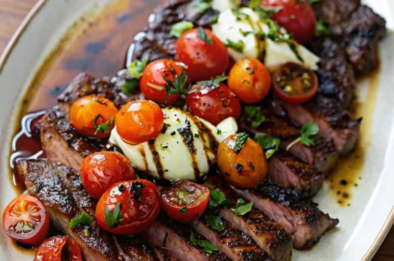 Juicy sliced flank steak topped with fresh cherry tomatoes, mozzarella, and basil, drizzled with balsamic glaze served on a wooden board.