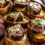 Beef tenderloin crostini with parmesan cream sauce garnished with fresh herbs on toasted baguette slices