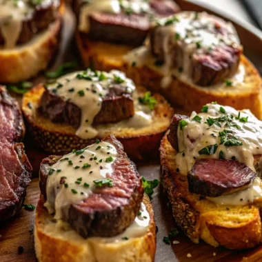 Beef tenderloin crostini with parmesan cream sauce garnished with fresh herbs on toasted baguette slices