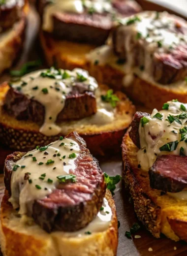 Beef tenderloin crostini with parmesan cream sauce garnished with fresh herbs on toasted baguette slices