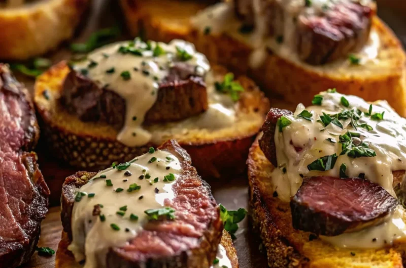 Beef tenderloin crostini with parmesan cream sauce garnished with fresh herbs on toasted baguette slices