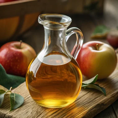 Glass jug of apple cider vinegar with fresh apples on a wooden surface, used in a Brazilian Mounjaro recipe for natural weight loss.