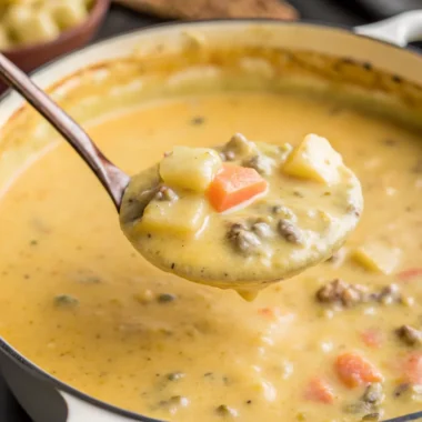 Cheesy hamburger potato soup served in a bowl with garnishes