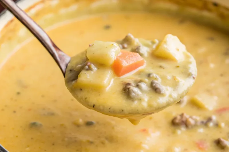 Cheesy hamburger potato soup served in a bowl with garnishes