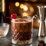 A decadent Chocolate Cherry Cordial Cocktail served in a coupe glass, garnished with fresh cherries and chocolate shavings, highlighting a rich chocolate and cherry aesthetic.