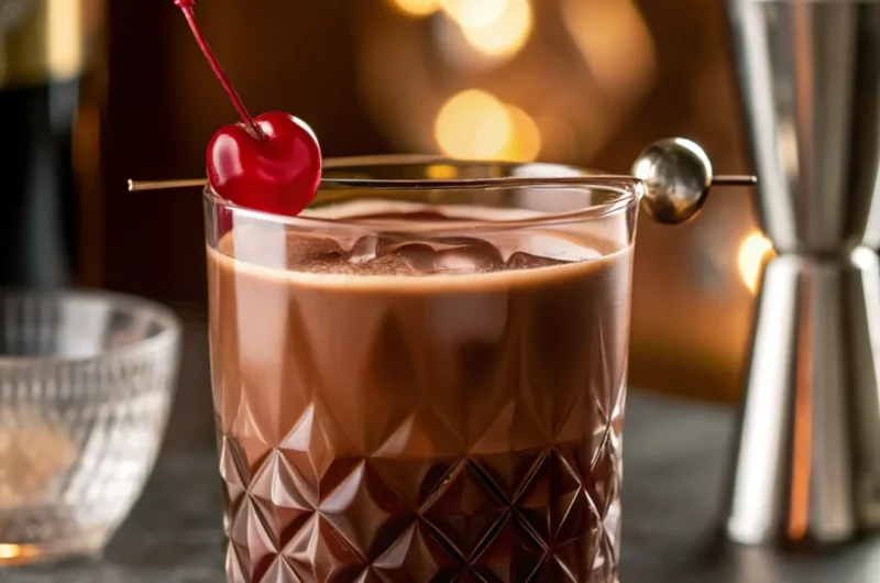 A decadent Chocolate Cherry Cordial Cocktail served in a coupe glass, garnished with fresh cherries and chocolate shavings, highlighting a rich chocolate and cherry aesthetic.