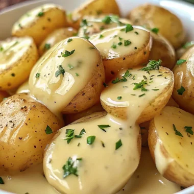 Creamy garlic sauce drizzled over roasted baby potatoes, garnished with chopped herbs and black pepper.