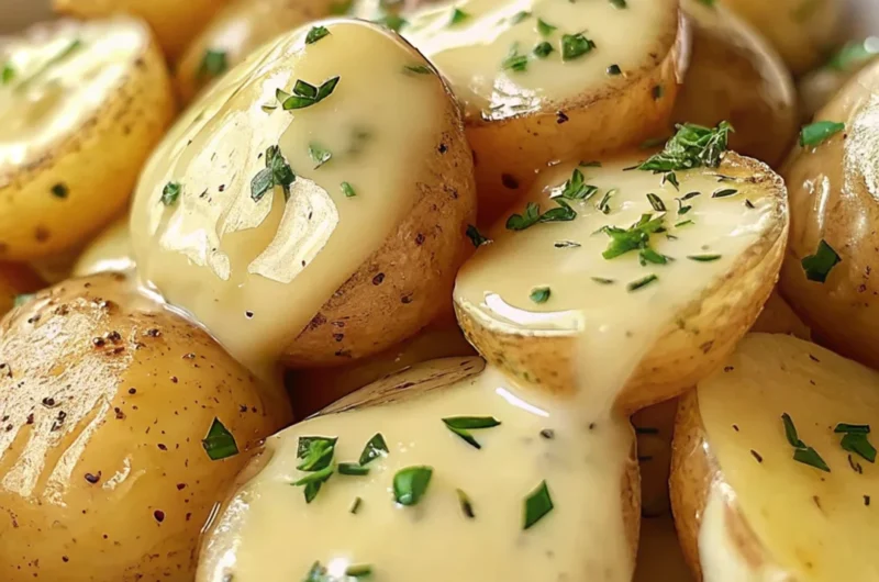 Creamy garlic sauce drizzled over roasted baby potatoes, garnished with chopped herbs and black pepper.