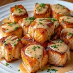 Crispy bang bang salmon bites glazed with sweet-spicy sauce, garnished with green onions and sesame seeds on a bed of rice.