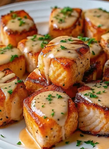 Crispy bang bang salmon bites glazed with sweet-spicy sauce, garnished with green onions and sesame seeds on a bed of rice.