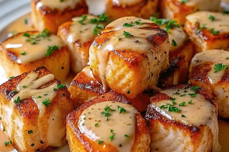 Crispy bang bang salmon bites glazed with sweet-spicy sauce, garnished with green onions and sesame seeds on a bed of rice.