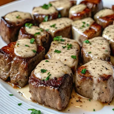 parmesan steak bites with garlic butter cream sauce and fresh herbs on white plate