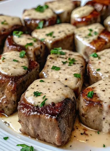 parmesan steak bites with garlic butter cream sauce and fresh herbs on white plate