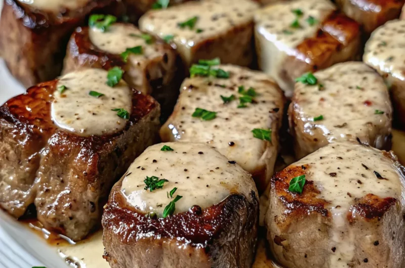 parmesan steak bites with garlic butter cream sauce and fresh herbs on white plate