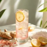 A refreshing homemade Mounjaro drink in a tall glass with ice, lemon slices, and a light pink hue, surrounded by ginger root, pink Himalayan salt, and fresh lemon halves.