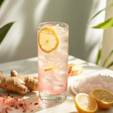 A refreshing homemade Mounjaro drink in a tall glass with ice, lemon slices, and a light pink hue, surrounded by ginger root, pink Himalayan salt, and fresh lemon halves.