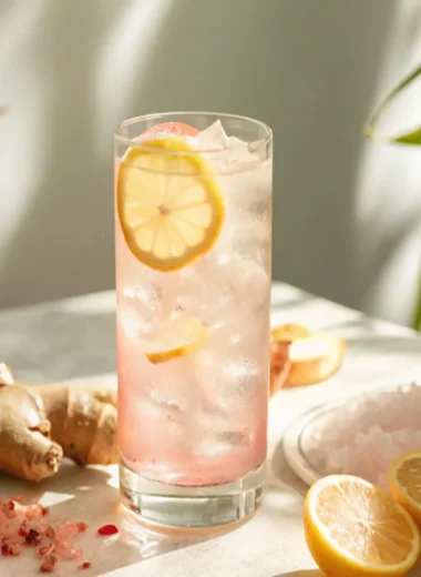 A refreshing homemade Mounjaro drink in a tall glass with ice, lemon slices, and a light pink hue, surrounded by ginger root, pink Himalayan salt, and fresh lemon halves.