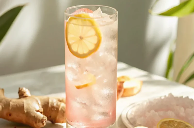 A refreshing homemade Mounjaro drink in a tall glass with ice, lemon slices, and a light pink hue, surrounded by ginger root, pink Himalayan salt, and fresh lemon halves.