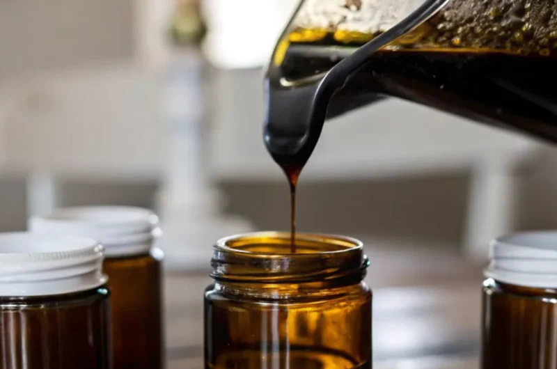 Pouring homemade vanilla bean paste into amber jars, a close-up view showcasing its rich texture and consistency.