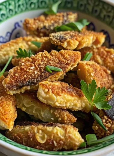A bowl of crispy fried morel mushrooms garnished with fresh parsley and green onions, showcasing the perfect golden-brown coating.