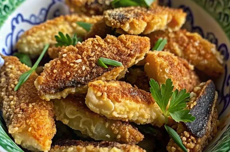 A bowl of crispy fried morel mushrooms garnished with fresh parsley and green onions, showcasing the perfect golden-brown coating.