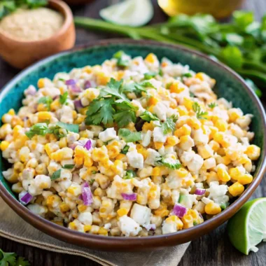 Mexican Street Corn Salad served in a bowl, garnished with lime wedges and cilantro, perfect for Cinco de Mayo celebrations.