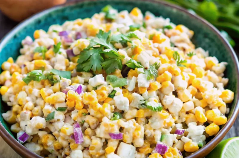 Mexican Street Corn Salad served in a bowl, garnished with lime wedges and cilantro, perfect for Cinco de Mayo celebrations.
