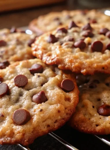 Close-up of freshly baked Rice Krispie chocolate chip cookies on a cooling rack