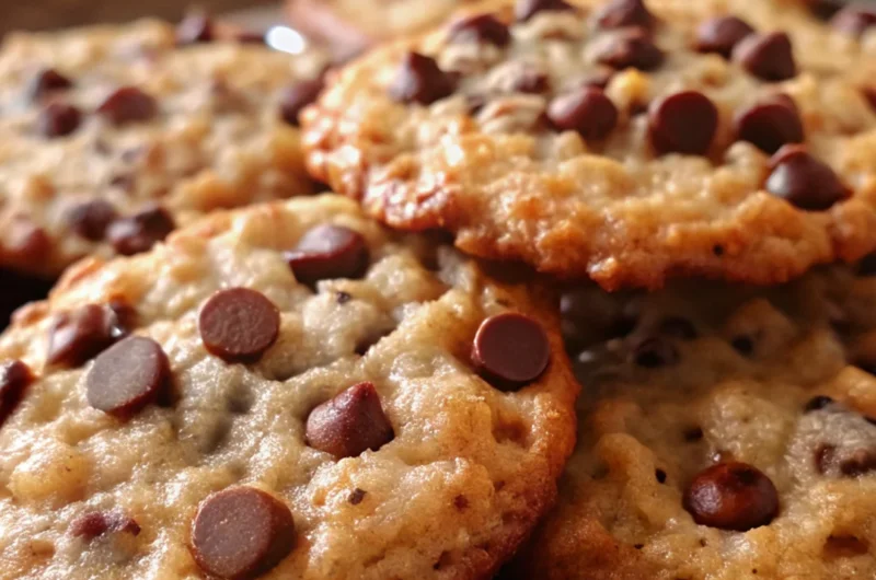 Close-up of freshly baked Rice Krispie chocolate chip cookies on a cooling rack