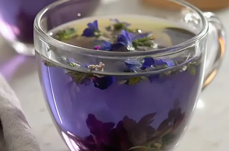 A clear glass cup filled with vibrant butterfly pea flower tea garnished with blue and purple petals.