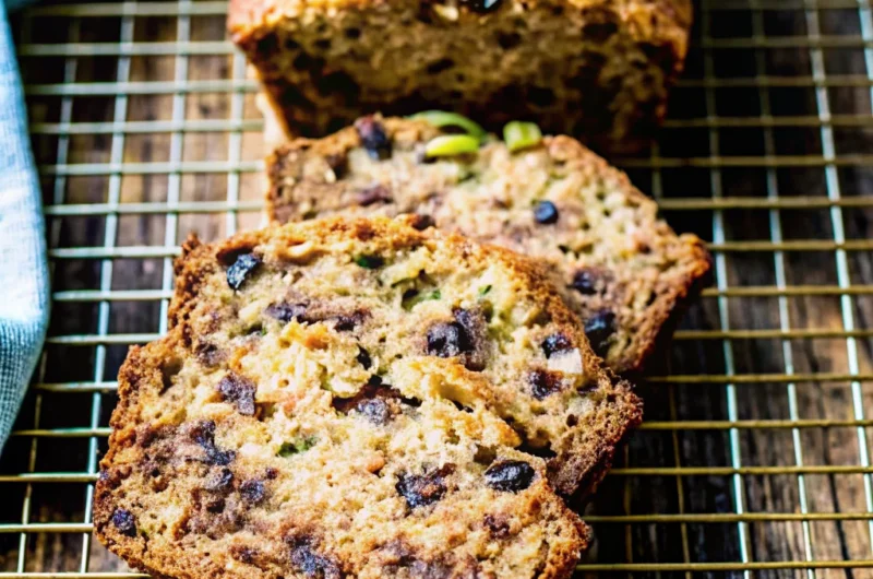 Sliced chocolate chip zucchini bread on a wire cooling rack with a golden-brown crust and visible chocolate chips.