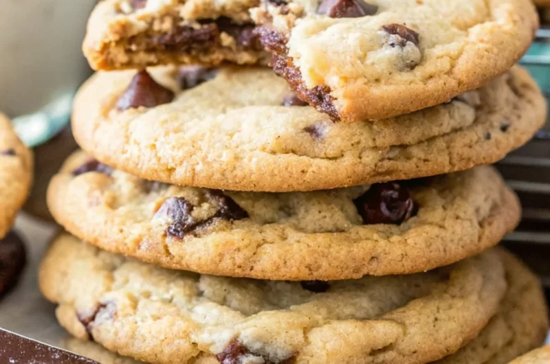Stack of thick chewy chocolate chip cookies with melted chocolate chunks and gooey centers on cooling rack