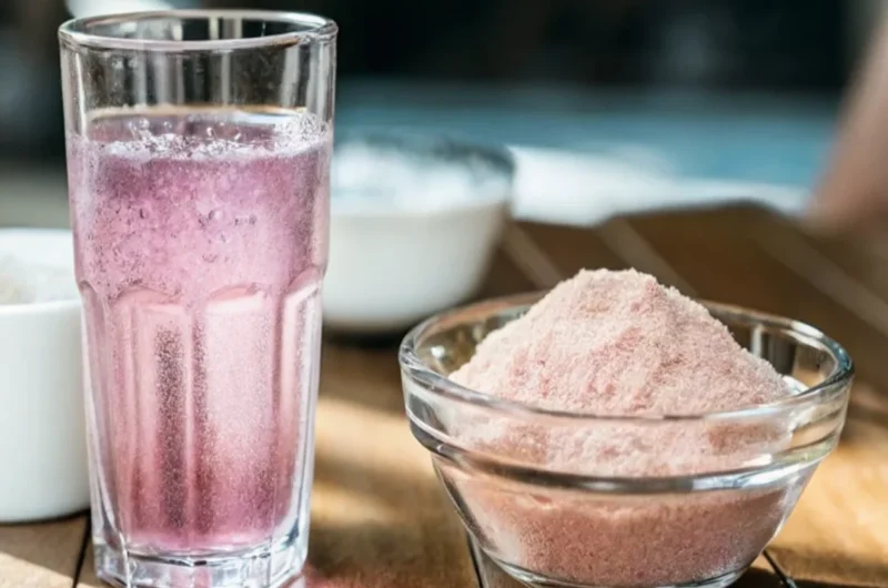 Pink salt recipe ingredients including Himalayan pink salt bowl, fresh lemons, honey jar, and water glass for weight loss drink preparation