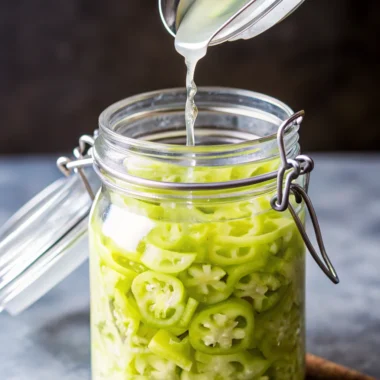 Jar of sliced pickled jalapeños being filled with homemade pickling brine