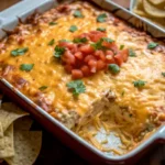 Easy Mexican White Trash Casserole with melted cheese, diced tomatoes, and fresh cilantro served with tortilla chips - perfect summer mexican recipes comfort food