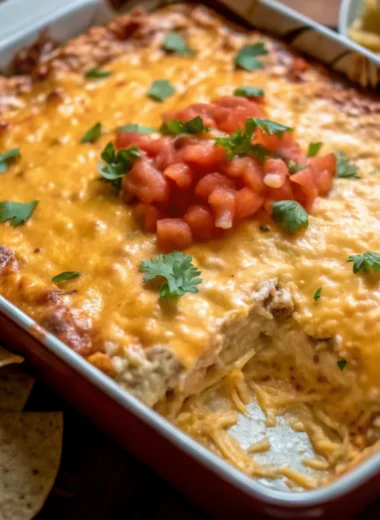 Easy Mexican White Trash Casserole with melted cheese, diced tomatoes, and fresh cilantro served with tortilla chips - perfect summer mexican recipes comfort food