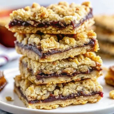 A stack of homemade fig bars with a golden oat crust and rich fig filling, highlighting a delicious, fiber-rich snack for healthy fig recipes and oatmeal dessert lovers.