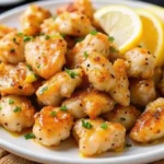 Juicy lemon garlic chicken bites made with boneless chicken breast, golden brown and garnished with fresh herbs and lemon slices.