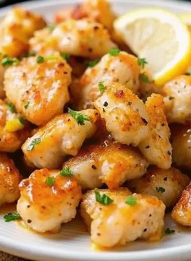 Juicy lemon garlic chicken bites made with boneless chicken breast, golden brown and garnished with fresh herbs and lemon slices.