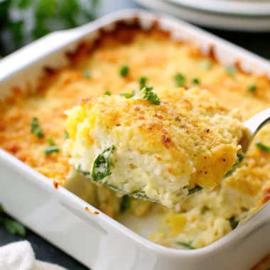 Golden-brown vegetable casserole with melted cheese and breadcrumb topping served in white baking dish with fresh herbs