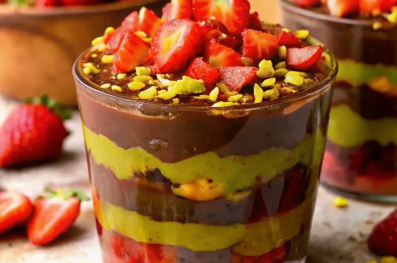 Layered glass dessert featuring Dubai chocolate strawberries with vibrant pistachio cream, rich chocolate ganache, and fresh diced strawberries, garnished with chopped pistachios.