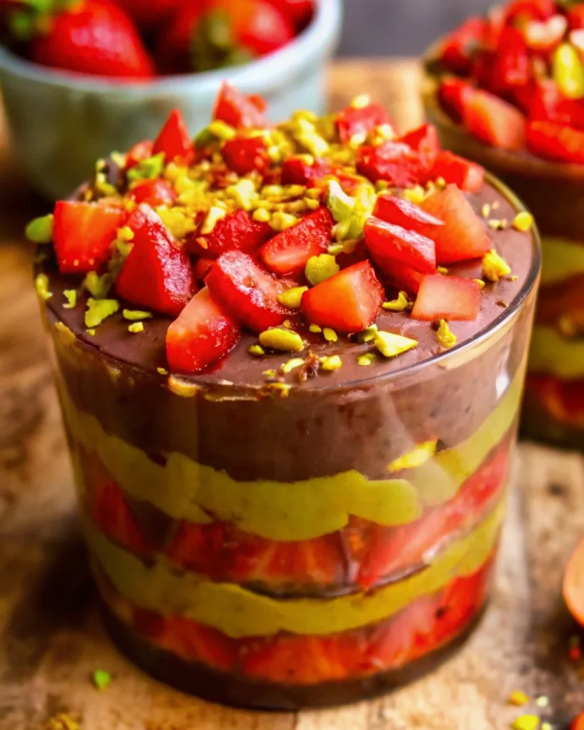 Layered glass dessert featuring Dubai chocolate strawberries with vibrant pistachio cream, rich chocolate ganache, and fresh diced strawberries, garnished with chopped pistachios.