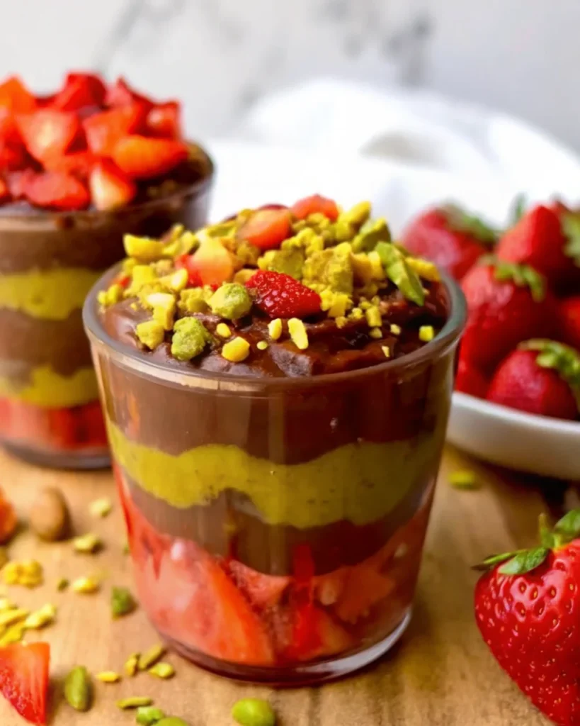 Layered glass dessert featuring Dubai chocolate strawberries with vibrant pistachio cream, rich chocolate ganache, and fresh diced strawberries, garnished with chopped pistachios.