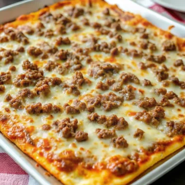 Square sausage pizza with melted cheese and ground sausage topping on a baking tray.