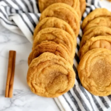 Golden-brown pumpkin snickerdoodle cookies arranged on striped kitchen towel with cinnamon sticks, showing classic snickerdoodle texture and autumn spice coating